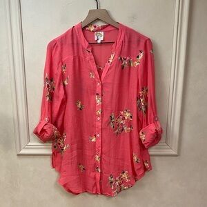 Fig & Flower Top Womens Floral Embroidered Button Tunic Boho Cottagecore